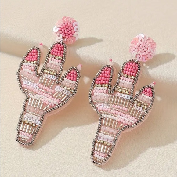 Pink Beaded Cactus Dangle Earrings - Picture 2 of 3